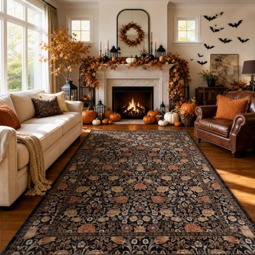 GarveeHome 9x12 Dark Brown Floral Area Rug for Living Room & Bedroom, Non-Slip Boho Vintage Design