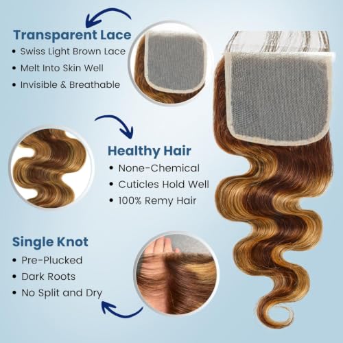ALHER Honey Blonde Highlight 4x4 Lace Closure Human Hair 10 Inch Body Wave
