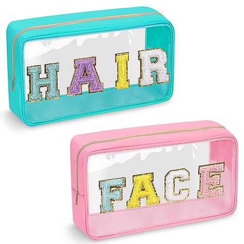 Izuzta 2 Pack Clear Makeup & Hair Pouch with Glitter Chenille Letters, Pink & Green Variations
