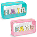Izuzta 2 Pack Clear Makeup & Hair Pouch with Glitter Chenille Letters, Pink & Green Variations
