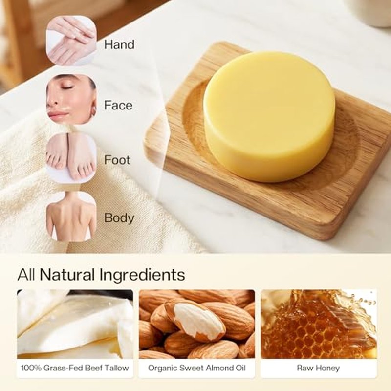 Beef Tallow Soap: Organic Grass-Fed Moisturizing Bar for Men & Women's Daily Face & Body Cleansing, Ideal for Sensitive & Dry Skin, 4.2 oz