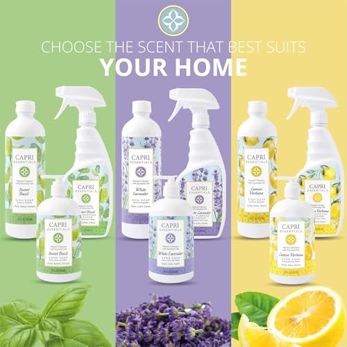 Capri Essentials Hand Soap Liquid, Natural Household Cleaning Supplies, Gentle Plant Based Aromatic Hand Wash with a Blend of Essential Oils, Removes Dirt & Grime, Sweet Basil Scent, 16 FL Oz (3 Pack)