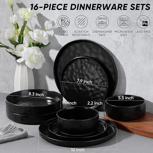E-far Matte Black 16-Piece Stoneware Dinnerware Set for 4 - Ripple Design