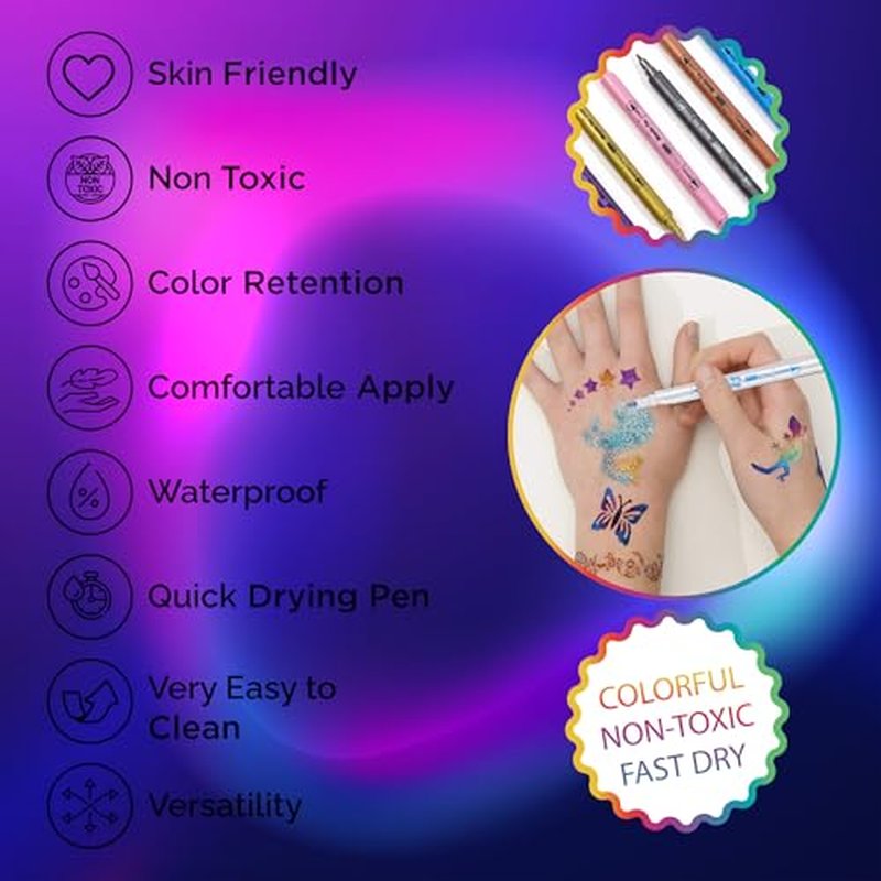 12 Metallic Temporary Tattoo Markers ? Create Temporary Tattoos with Dual-Tip Body Markers, Bold & Fine Lines, Waterproof, Fast-Drying, Non-Toxic, 42 Stencils, Fake Tattoos Set, Tattoo
