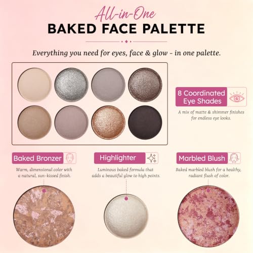 Neutral Taupe Eyeshadow Palette Set with Blush Bronzer Highlighter & Brushes - 11 Colors