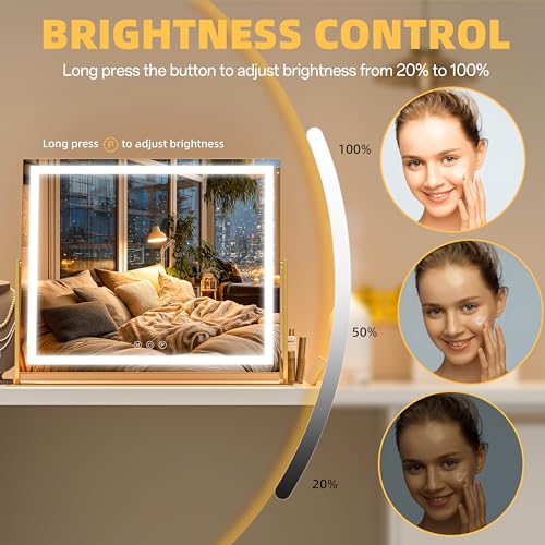 Vanity Mirror with Lights, 24'' x 20'' Lighted Makeup Mirror, Touch Screen with 3-Color Lighting, Dimmable for Vanity Desk Tabletop Square Gold