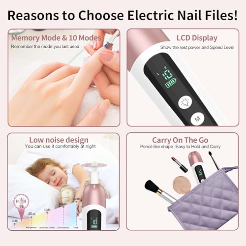Electric Nail Drill Kit with 9 Bits - Pink Manicure Pedicure Set, Portable & Rechargeable
