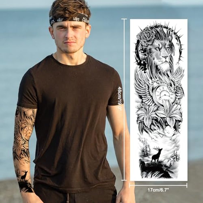Full Arm Black Temporary Tattoo Sleeve for Men 8 Sheets, Scary Fake Tattoos That Look Real, Tigers for BBQ Pool Beach Party