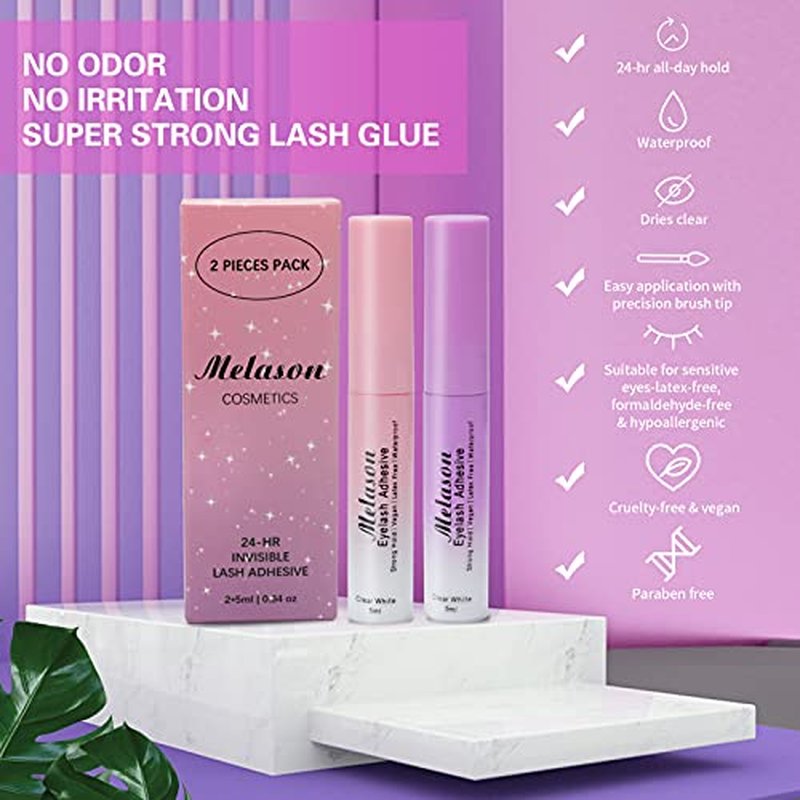 Best Eyelash Glue,Super Strong Hold Eyelash Adhesive,Fast Drying,Latex Free Vegan Waterproof Hypoallergenic Strip Lash Adhesive,Suitable for Senstive Eyes, 2pcs/Pack, 5mlx2 0.34fl.oz