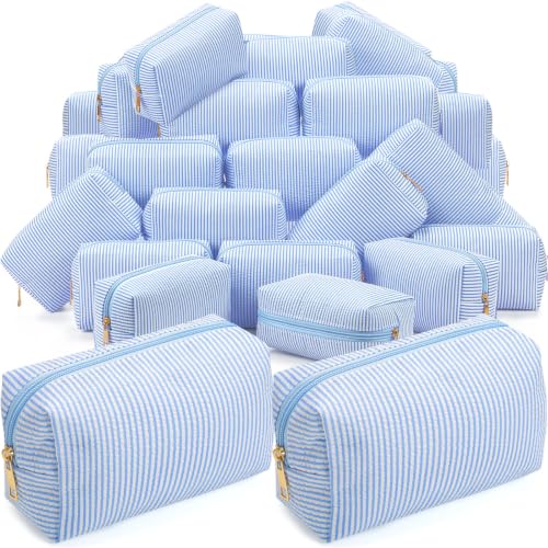 Sanwuta Light Blue 36 Pcs Seersucker Cosmetic Bags Bulk with Zippered Stripes