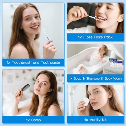Toiletry Kits Travel Essentials Disposable Hygiene in Bulk, Trial Size Toiletries Supplies Individually Wrapped Traveling Personal Care Items, for Camping, Hotel, Homeless, Charity, 8-in-1 (60-Pack)