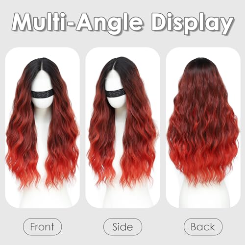 Beelu Ombre Red Curly Lace Wig for Women 26 Inch Long Middle Part Synthetic Hair