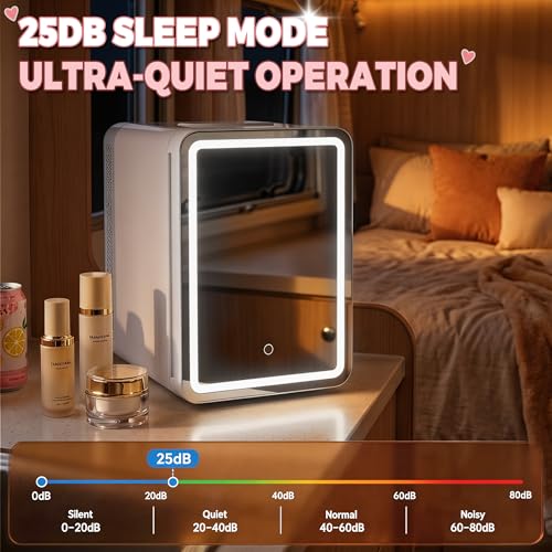 White 16L Skincare Fridge with LED Mirror & Dimmable Light – Small Makeup Cooler