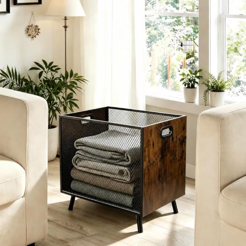 FANTERSI Rustic Brown 66L Blanket Basket Organizer - Wood & Metal Mesh Storage