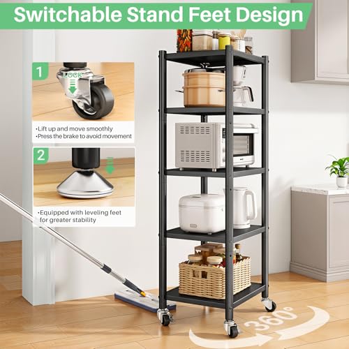 5-Tier Adjustable Metal Storage Shelves with Wheels - Kitchen, Pantry, Laundry, Closet Organizer 17"L x 12.4"W x 59"H
