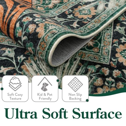 6' x 9' Green Tiger Area Rug - Boho Vintage Non-Slip Washable Floor Carpet