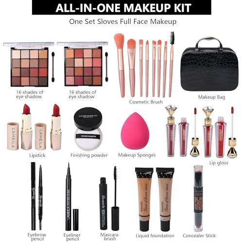 Makeup Kit for Teen Girls, All-in-One Kit with 2X16 Colors Eyeshadow, Liquid Foundation, Eyeliner Pencils, Contouring Stick, Lip Gloss, Eyebrow Pencils & 8 Makeup Brushes (Black)