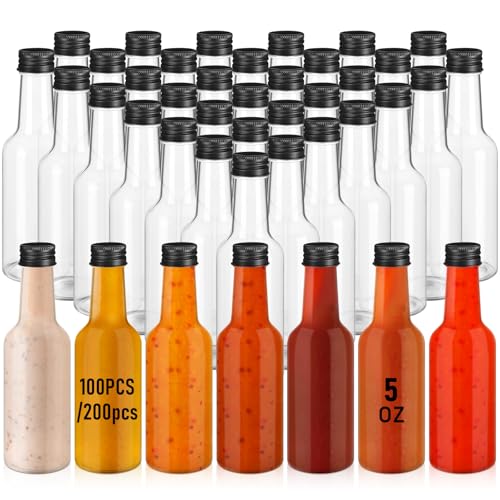 200 Pack 5 oz Clear Plastic Hot Sauce Bottles with Leak-Proof Black Caps