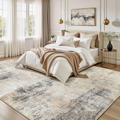 Grey & Gold 9x12 Area Rug - Abstract Washable Non-Slip Living Room Carpet
