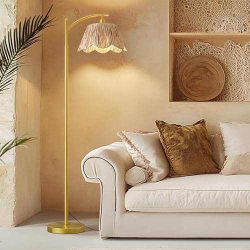 Oneach Arc Floor Lamp Brushed Gold Rattan Boho Floor Lamp Decor with Hand-Woven Shade, Foot Switch, 62.5-Inch