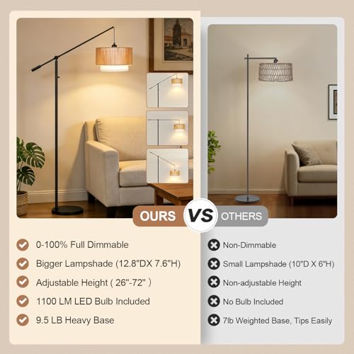 Yemela Boho Matte Black Dimmable Floor Lamp with Rattan & Fabric Shades, Adjustable Swing Arm, Tall Farmhouse Standing Lamp for Living Room & Bedroom