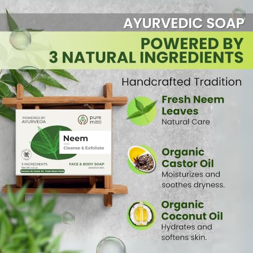 Neem Face and Body Bar Soap - Ayurvedic Exfoliating Cleansing with Coconut & Castor Oils - 4.5 oz