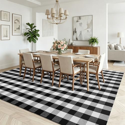 Buffalo Plaid Area Rug 8x10 ft - Black and White Living Room Carpet - KOZYFLY