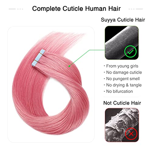 Pink Tape-In Hair Extensions 18 Inch Human Hair Remy Seamless Weft - Hot Pink 10PCS - SUYYA