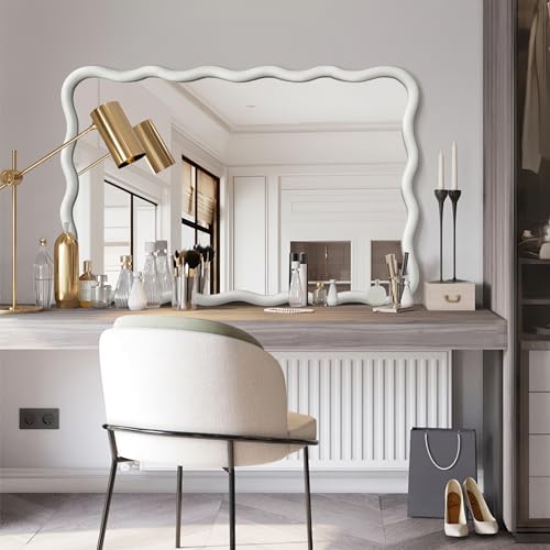 White Wavy Mirror for Wall - 20x30 inch Solid Wood Frame Modern Decor