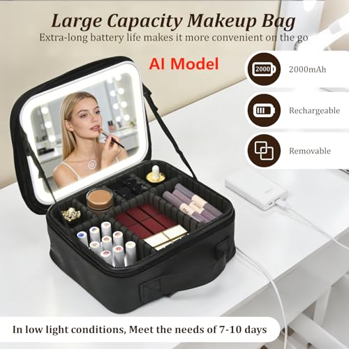 Yaliang Travel Makeup Bag with Lighted Mirror & 8 EVA Dividers, Black (Variation: Black-8 Dividers)