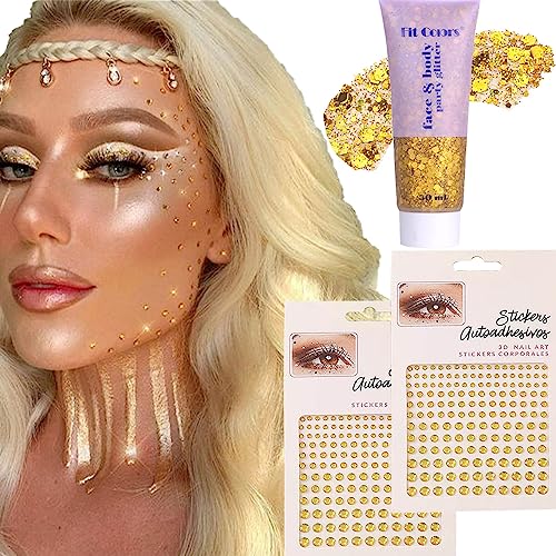 Gold Body Glitter Gel & 2 Sheets Face Gems Rhinestones Set, Face Glitter Makeup & Hair Jewels Stick on, Holographic Hair Glitter Eye Gems,Chunky Glitter Face Jewels for Makeup Festival
