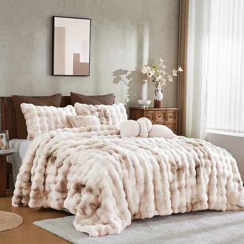 Wonderful Faux Rabbit Fur Queen Comforter Set Tie Dye Beige Plush Bedding Winter