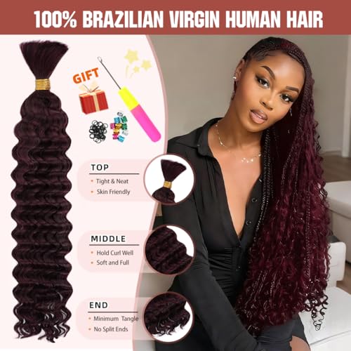 Deep Wave Human Braiding Hair 18 Inch 100G for Boho & Knotless Braids - Red Burgundy 2 Pack - 12A Virgin Brazilian Human Hair