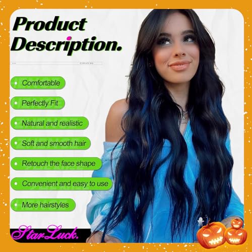 Long Wavy Black Wig with Blue Highlights - 26 Inch Synthetic Heat-Resistant Hairpiece for Daily & Party Use