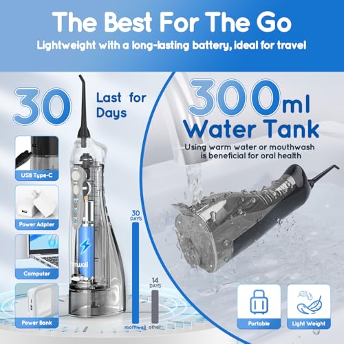 Mornwell Water Dental Flosser Black D with 300ML Tank & 6 Jet Tips