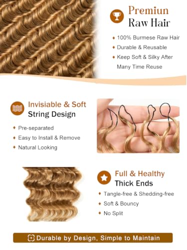 Honey Blonde Curly Feather Crochet Hair Extensions - 14 Inch, 50g - Pre-Separated Knots, Reusable Human Hair