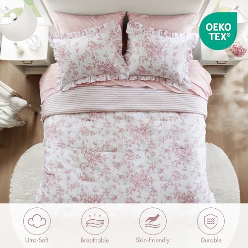 Pink Floral Comforter Set with Sheets - Full Size 7pc Reversible Bedding