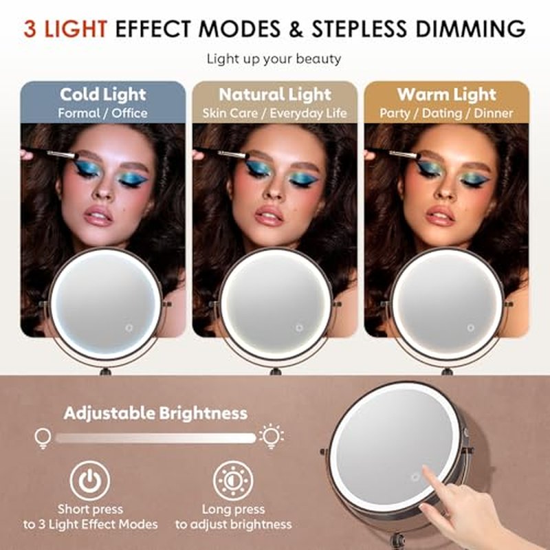 9" Wall Mounted Lighted Makeup Mirror,4000mAh Rechargeable Double Sided 1X/10X Magnifying Mirror with Light,3 Color Lights,Touch Dimmable,Extended Arm 360 Rotation Wall Mounted Makeup Mirror (Bronze)