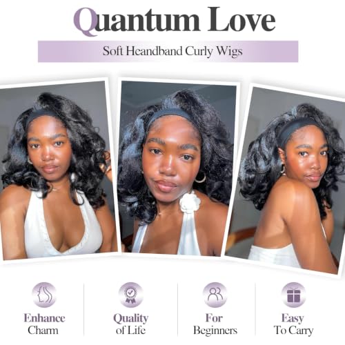 Quantum Love 16 Inch Black Curly Headband Wig for Black Women - Glueless Synthetic Half Wig