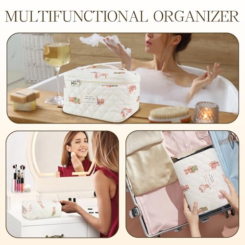 3Pcs Quilted Makeup Bag for Women, Large Travel Makeup Bag Set, Cute Aesthetic Cosmetic Bags, Floral Cotton Makeup Pouch Coquette Toiletry Organizer Bag
