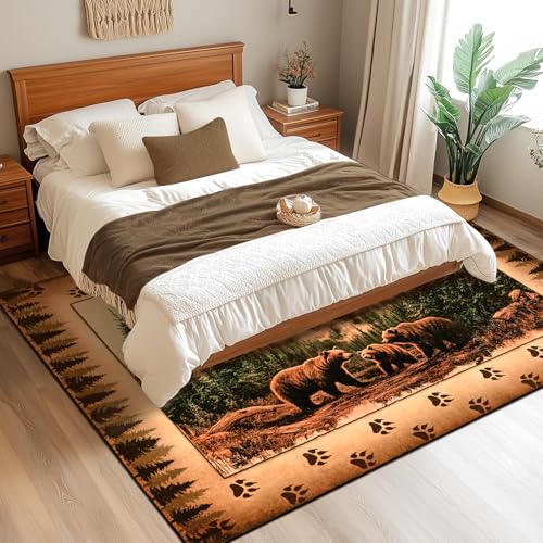 Rustic Cabin Bear Rug 5x7 - Washable Non-Slip Farmhouse Area Rug