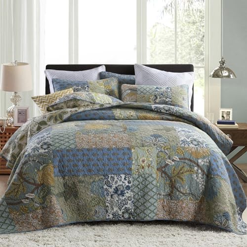 King Size Cotton Comforter Set - Sage Patchwork Reversible Bedding with 2 Pillow Shams, 96x108 Inches