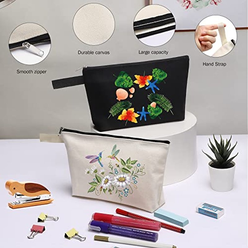 10 Pieces Cotton Canvas Makeup Bag with Bottom, Multi-Purpose Cosmetic Bag with Zipper Travel Toiletry Pouch, Blank DIY Craft Bag Pencil Bag (L, White) (MN-WB07)