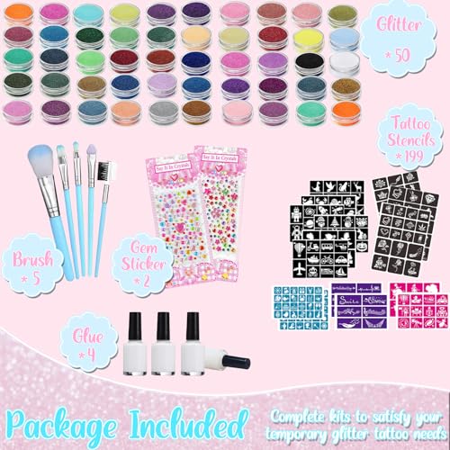 TEUVO Kids Glitter Tattoo Kit with 50 Colors, 199 Stencils, Gems, Glue & Brushes