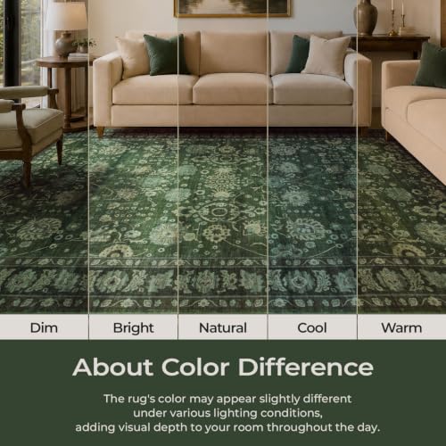 Green 9x12 Area Rug - Washable Non-Slip Vintage Floral Design for Living Room