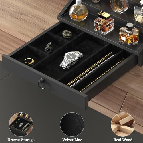 Wooden Cologne Organizer for Men Enhanced 5 Tier Cologne Stand Shelf Perfume Organizer with Velvet Lined Drawer & Hidden Storage Perfume Display Holder for Dresser Nice Gift (Classy Black)