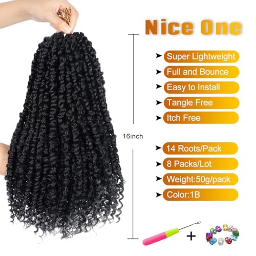 Pre-Twisted Passion Twist Crochet Hair 16 Inch - 8 Packs, Natural Black (1B#)