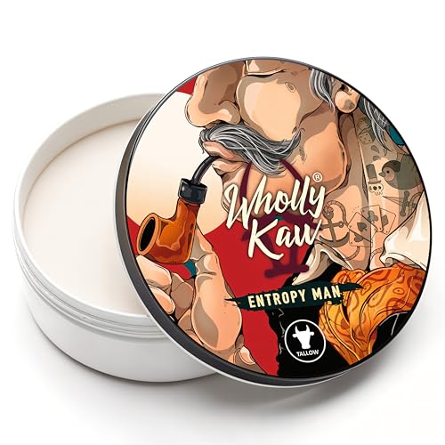 Entropy Man Tallow Shaving Soap. Enriched with Donkey Milk, Water Buffalo Milk, Whey Proteins, Omega 3, Omega 6, Hops Extract. Tobacco, Leather, Plum, Rum, Hay