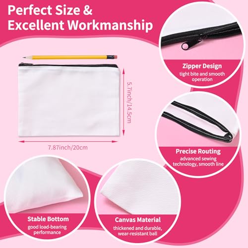 50Pcs Sublimation Canvas Makeup Bags - 7.87 x 5.7 Inch White Cosmetic Organizer Set with Zipper & Gift Box