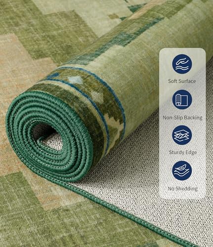 Green Washable Mid Century Modern Area Rug 6x9 Feet for Living Room - Southwestern Pattern